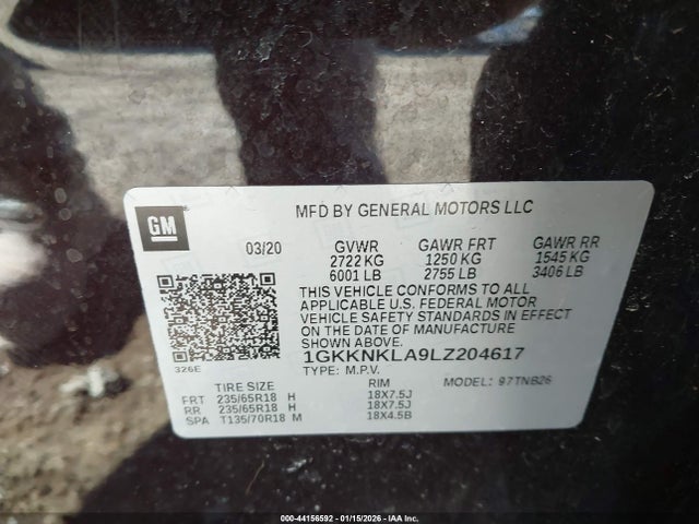 44156592 :رقم المزاد ، 1GKKNKLA9LZ204617 vin ، 2020 Gmc Acadia Sle مزاد بيع