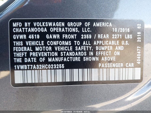 2017 Volkswagen Passat 1.8t Se მანქანა იყიდება აუქციონზე, vin: 1VWBT7A32HC023255, აუქციონის ნომერი: 44156625