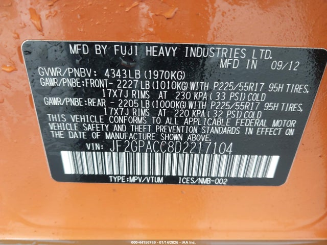 2013 Subaru Xv Crosstrek 2.0i Premium მანქანა იყიდება აუქციონზე, vin: JF2GPACC8D2217104, აუქციონის ნომერი: 44156769