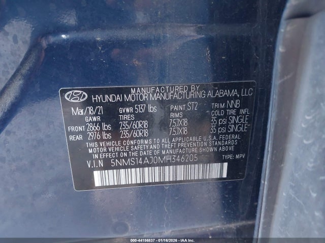 Aukcja sprzedaży 2021 Hyundai Santa Fe Se, vin: 5NMS14AJ0MH346205, numer aukcji: 44156837