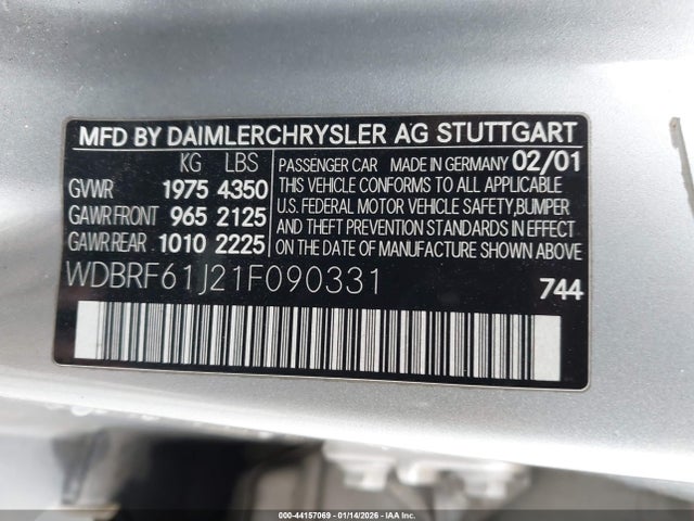 2001 Mercedes-benz C 240 მანქანა იყიდება აუქციონზე, vin: WDBRF61J21F090331, აუქციონის ნომერი: 44157069