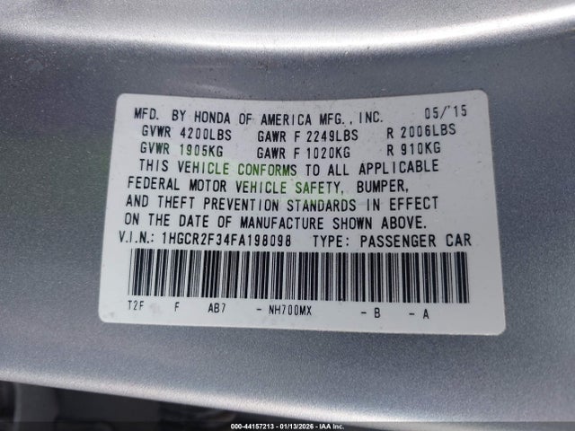 2015 Honda Accord Lx მანქანა იყიდება აუქციონზე, vin: 1HGCR2F34FA198098, აუქციონის ნომერი: 44157213