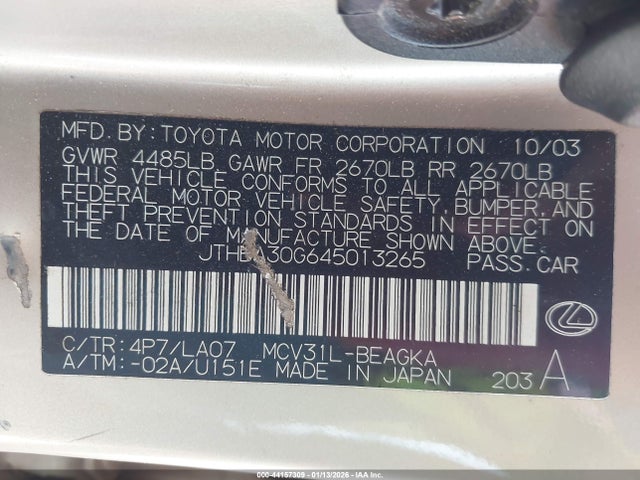 2004 Lexus Es 330 მანქანა იყიდება აუქციონზე, vin: JTHBA30G645013265, აუქციონის ნომერი: 44157309