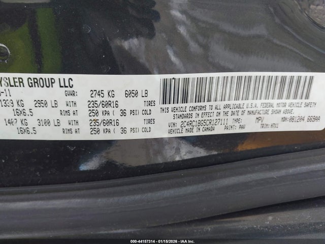 2012 Chrysler Town & Country Touring მანქანა იყიდება აუქციონზე, vin: 2C4RC1BG5CR127111, აუქციონის ნომერი: 44157314
