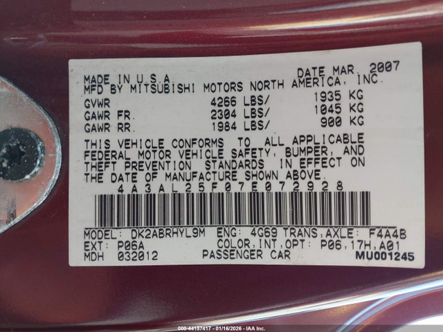 2007 MITSUBISHI ECLIPSE SPYDER 4A3AL25F07E072928 Photo 8