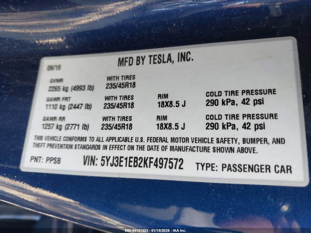 5YJ3E1EB2KF497572 Tesla Model 3 Long Range/performance