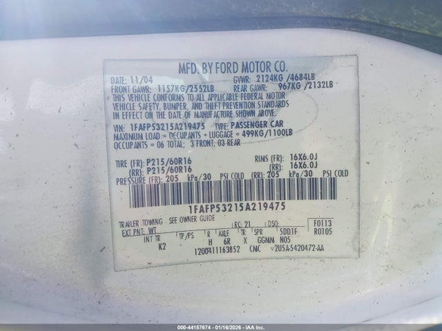 Продажа на аукционе авто 2005 Ford Taurus Se, vin: 1FAFP53215A219475, номер лота: 44157674