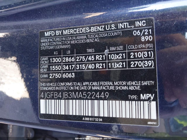 44157685 :رقم المزاد ، 4JGFB4JB3MA522449 vin ، 2021 Mercedes-benz Gle 350 مزاد بيع