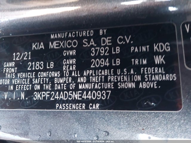 3KPF24AD5NE440937 KIA Forte Lxs