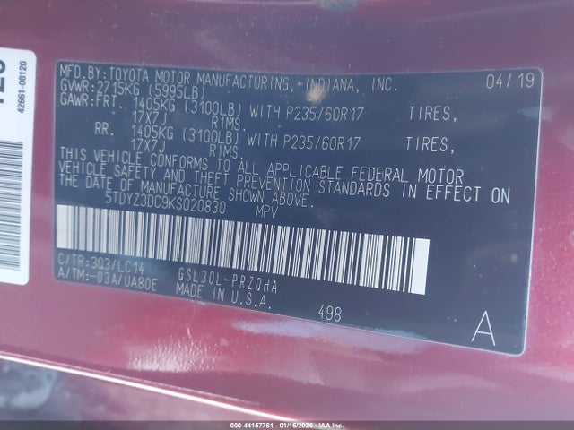 5TDYZ3DC9KS020830 Toyota Sienna Xle 8 Passenger