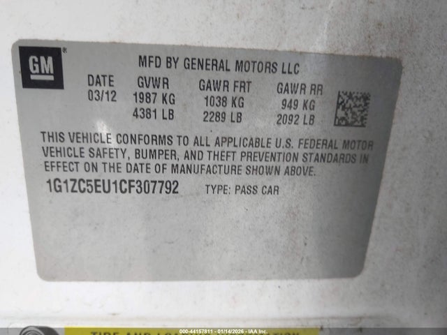 2012 Chevrolet Malibu 1lt მანქანა იყიდება აუქციონზე, vin: 1G1ZC5EU1CF307792, აუქციონის ნომერი: 44157811