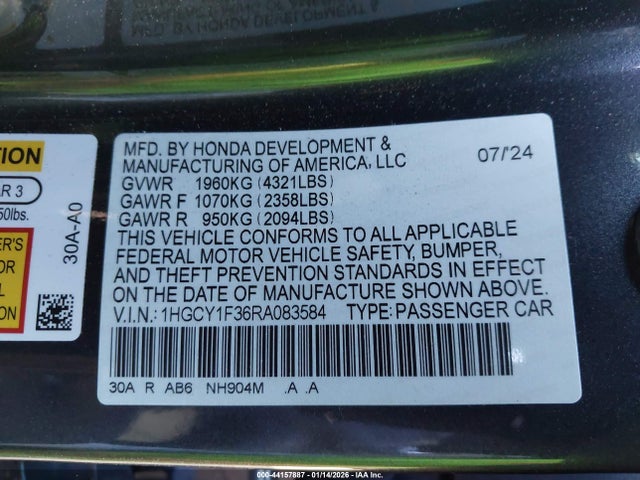 1HGCY1F36RA083584 Honda ACCORD EX