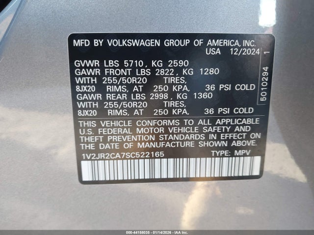 Продаж на аукціоні авто 2025 Volkswagen Atlas 2.0t Se W/technology, vin: 1V2JR2CA7SC522165, номер лоту: 44158035