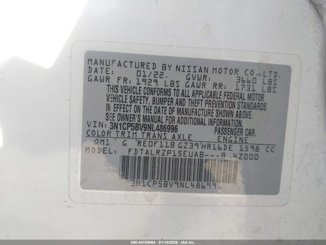Продажа на аукционе авто 2022 Nissan Kicks S Xtronic Cvt, vin: 3N1CP5BV9NL486996, номер лота: 44158064