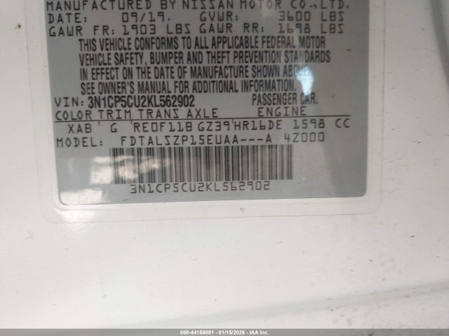 44158091 :رقم المزاد ، 3N1CP5CU2KL562902 vin ، 2019 Nissan Kicks Sv مزاد بيع
