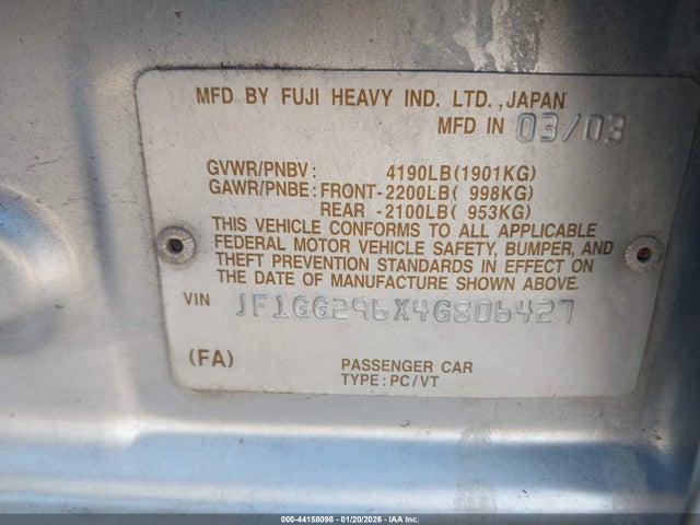 Продажа на аукционе авто 2004 Subaru Impreza Wrx, vin: JF1GG296X4G806427, номер лота: 44158098