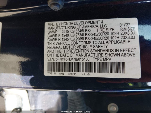 2022 HONDA PILOT 5FNYF5H34NB015106 Photo 8