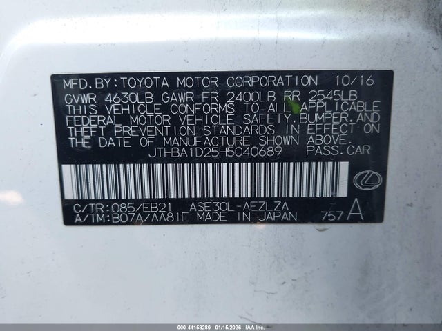 44158280 :رقم المزاد ، JTHBA1D25H5040689 vin ، 2017 Lexus Is 200t مزاد بيع