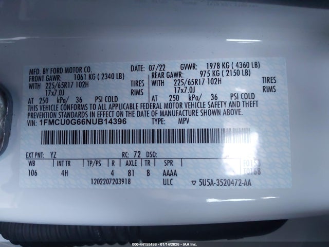 1FMCU0G66NUB14396 Ford ESCAPE SE