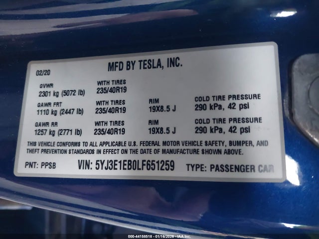 5YJ3E1EB0LF651259 Tesla Model 3 Long Range Dual Motor All-wheel Drive