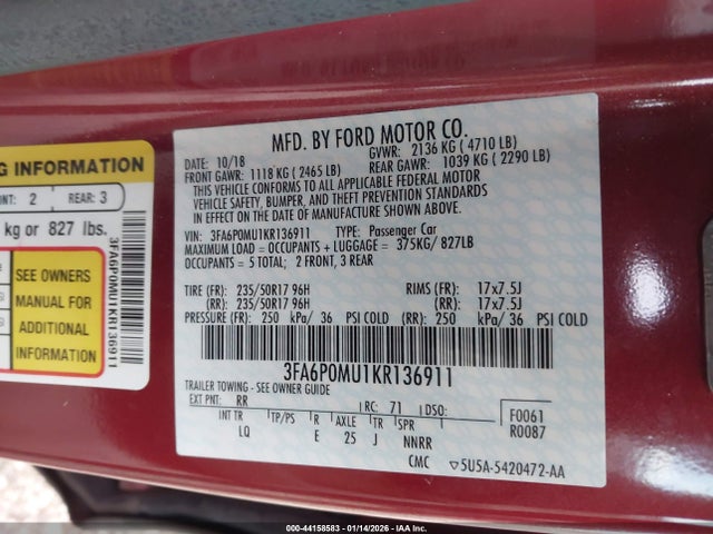2019 FORD FUSION HYBRID 3FA6P0MU1KR136911 Photo 8