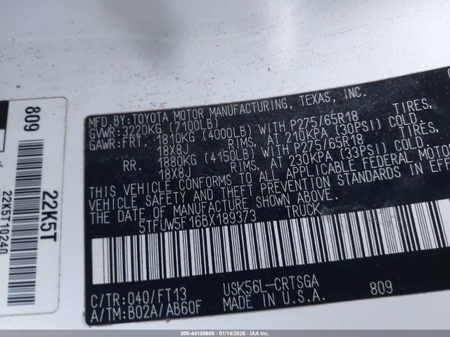 2011 Toyota Tundra Grade 5.7l V8 მანქანა იყიდება აუქციონზე, vin: 5TFUW5F16BX189373, აუქციონის ნომერი: 44158606