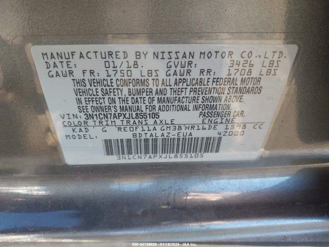 3N1CN7APXJL855105 Nissan Versa 1.6 S+