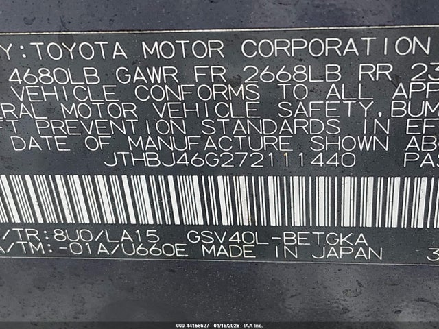 44158627 :رقم المزاد ، JTHBJ46G272111440 vin ، 2007 Lexus Es 350 مزاد بيع