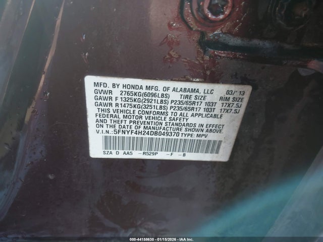 2013 Honda Pilot Lx მანქანა იყიდება აუქციონზე, vin: 5FNYF4H24DB049370, აუქციონის ნომერი: 44158630