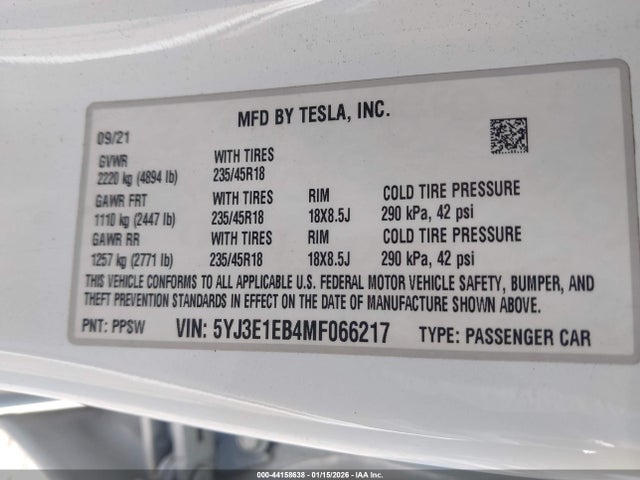 2021 TESLA MODEL 3 5YJ3E1EB4MF066217 Photo 8