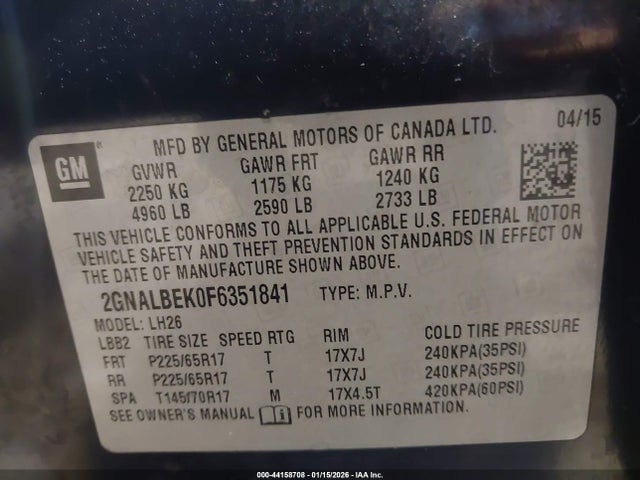 Chevrolet EQUINOX 1LT 2015 2GNALBEK0F6351841 Image 9