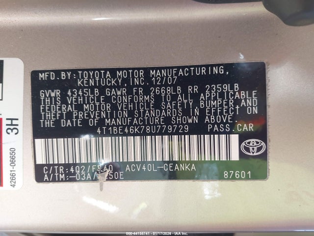 Продаж на аукціоні авто 2008 Toyota Camry, vin: 4T1BE46K78U779729, номер лоту: 44158741