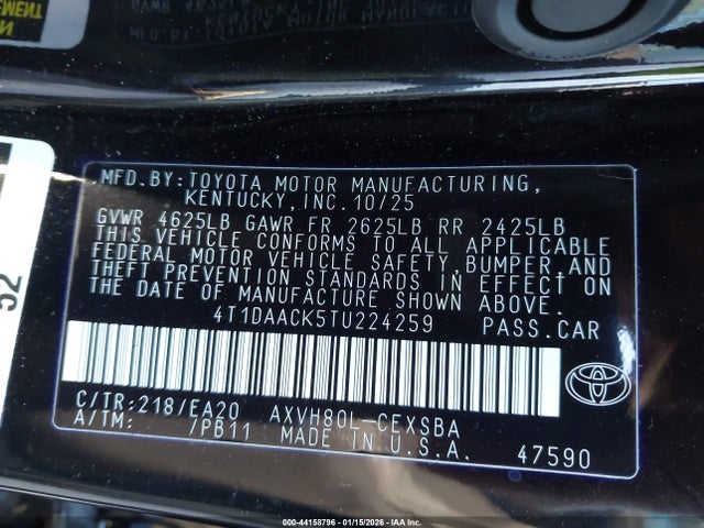 Aukcja sprzedaży 2026 Toyota Camry Se, vin: 4T1DAACK5TU224259, numer aukcji: 44158796