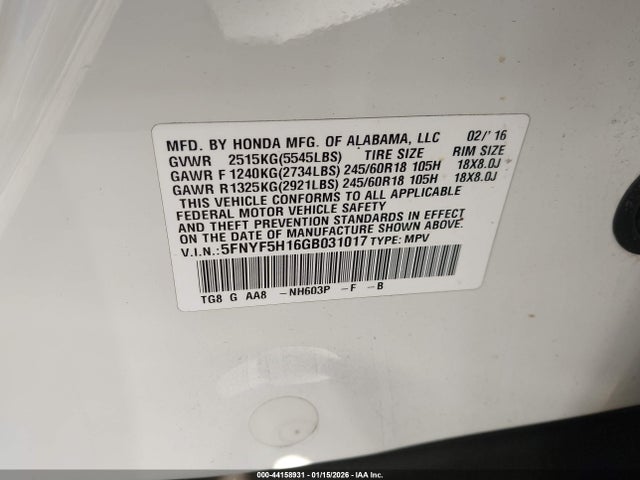 5FNYF5H16GB031017 Honda PILOT LX