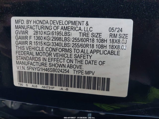 5FNYG1H46SB024254 Honda Pilot Ex-l