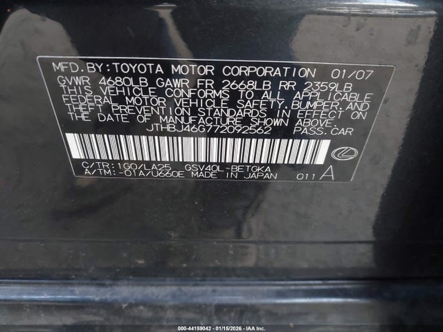Aukcja sprzedaży 2007 Lexus Es 350, vin: JTHBJ46G772092562, numer aukcji: 44159042
