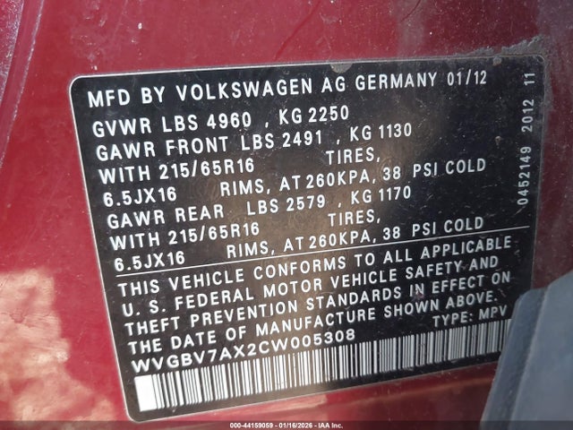 2012 VOLKSWAGEN TIGUAN WVGBV7AX2CW005308 Photo 8