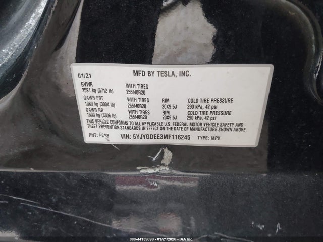 2021 Tesla Model Y Long Range Dual Motor All-wheel Drive მანქანა იყიდება აუქციონზე, vin: 5YJYGDEE3MF116245, აუქციონის ნომერი: 44159098