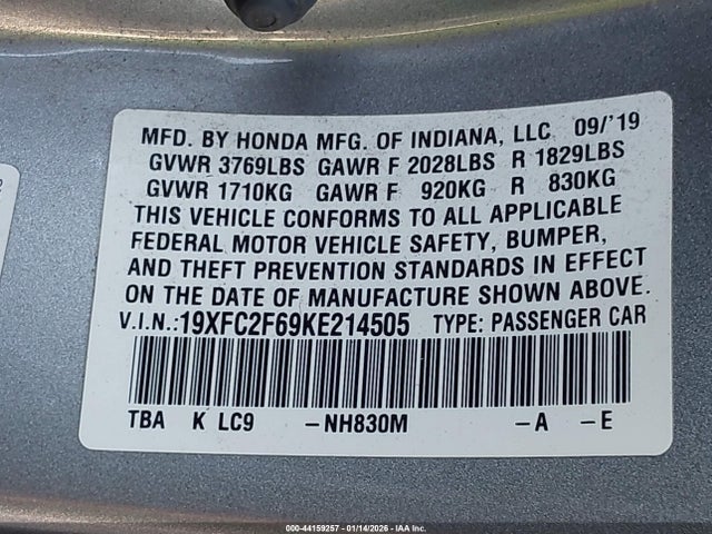 Honda Civic Lx 2019 19XFC2F69KE214505 Image 9