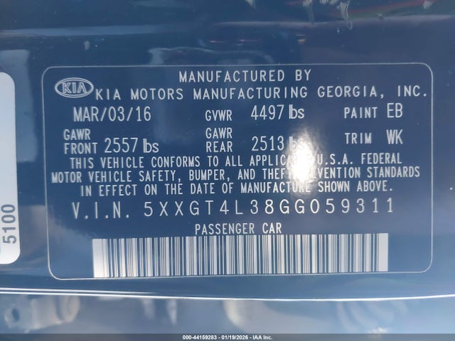 5XXGT4L38GG059311 KIA Optima Lx