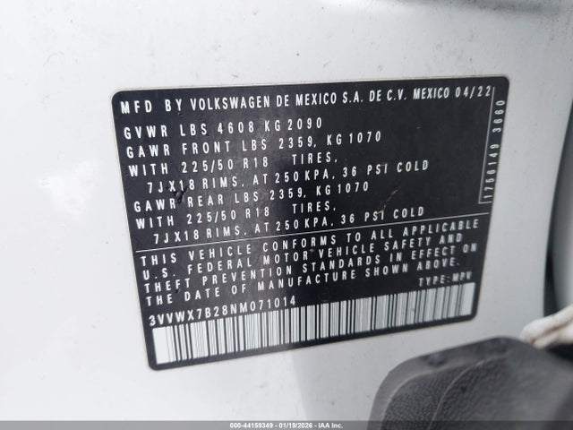 Aukcja sprzedaży 2022 Volkswagen Taos 1.5t Se, vin: 3VVWX7B28NM071014, numer aukcji: 44159349