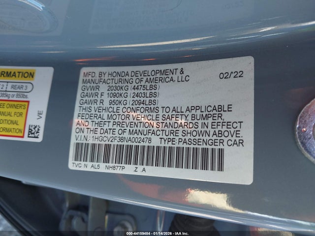 1HGCV2F38NA002478 Honda Accord Sport 2.0t