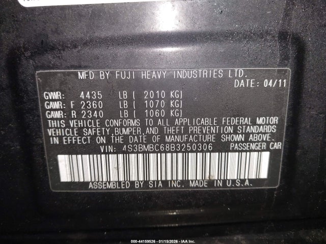 Продаж на аукціоні авто 2011 Subaru Legacy 2.5i Premium, vin: 4S3BMBC68B3250306, номер лоту: 44159526