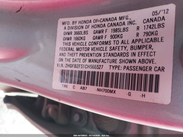 Aukcja sprzedaży 2012 Honda Civic Lx, vin: 2HGFB2F51CH566527, numer aukcji: 44159543