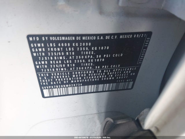 44159576 :رقم المزاد ، 3VVPX7B28NM028734 vin ، 2022 Volkswagen Taos 1.5t Se مزاد بيع