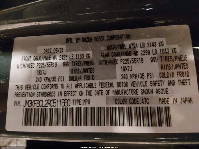 44159658 :رقم المزاد ، JM3KFBCL2R0511660 vin ، 2024 Mazda Cx-5 2.5 S Carbon Edition مزاد بيع