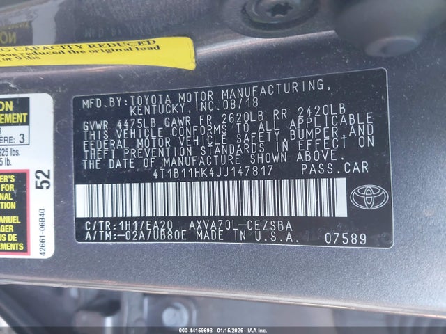 4T1B11HK4JU147817 Toyota CAMRY SE