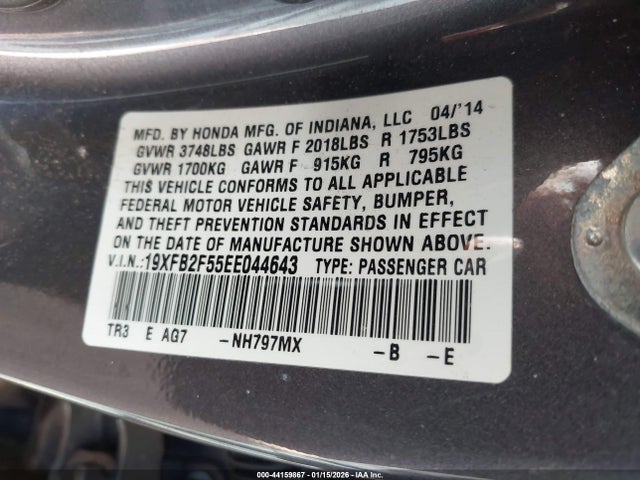 2014 Honda Civic Lx მანქანა იყიდება აუქციონზე, vin: 19XFB2F55EE044643, აუქციონის ნომერი: 44159867