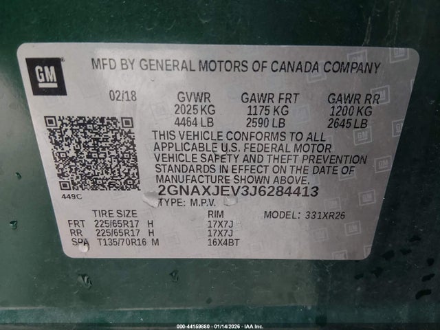 Продаж на аукціоні авто 2018 Chevrolet Equinox Lt, vin: 2GNAXJEV3J6284413, номер лоту: 44159880