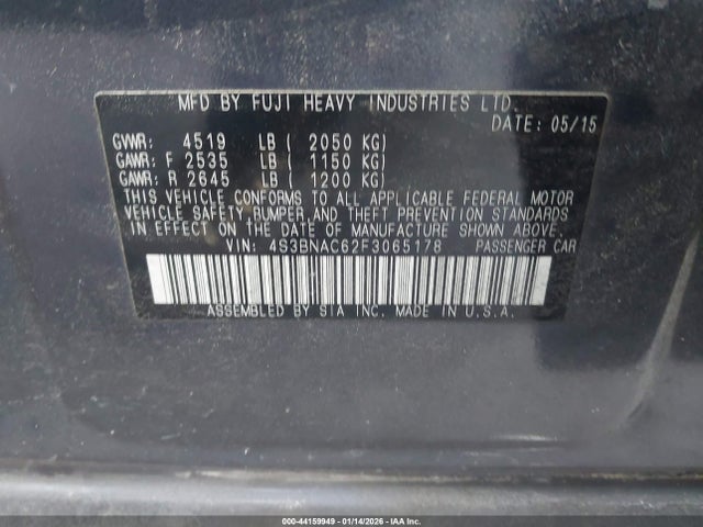 2015 Subaru Legacy 2.5i Premium მანქანა იყიდება აუქციონზე, vin: 4S3BNAC62F3065178, აუქციონის ნომერი: 44159949